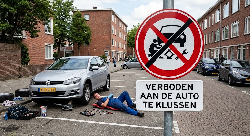 klussen aan de auto op straat